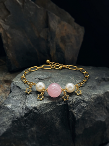 Gold Plated Charm Bracelet With Pink Stone Imitation Pearl Star Pendants Women's Fashion Jewelry - Product Image 4