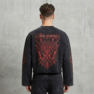 Camiseta de Manga Larga Corta Oversize Personalizada para Hombre, Negra, con Lavado Vintage, Estampado de Letras, Pedrería, Cierre de Cinturón Casual, 100% Algodón - Product Image 4