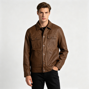 Veste en cuir véritable pour homme, style workwear, col rabattu, couleur unie, fermeture à boutons, vêtement d'extérieur pour l'automne - Product Image 1