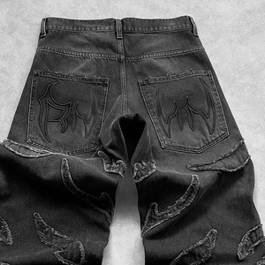 Pantalon Harem Noir Effet Vieilli avec Bords Effilochés Coupe Ample Longueur Entière Taille Haute en Coton Denim Style Hip Hop Streetwear - Product Image 4