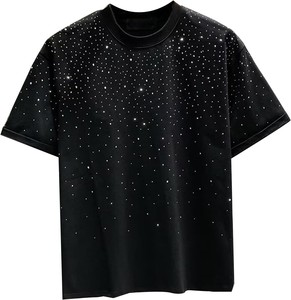 เสื้อยืดผู้ชายสีดำประดับเพชร เสื้อผ้าสตรีทแวร์ประดับเพชรระยิบระยับ แขนสั้นระบายอากาศได้ดี เสื้อแฟชั่นสำหรับออกงานกลางคืน - Product Image 1