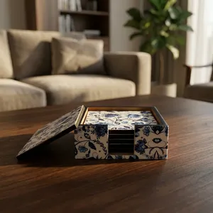 Ensemble de 6 sous-verres en MDF avec support, imprimé floral bleu, sous-verres carrés pour le thé, le café, les tasses, les mugs, les verres, protection de table - Product Image 5