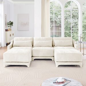 Divano a Tre Posti in Tessuto Chenille di Alta Qualità con 2 Pouf Mobili, Elegante Cuscino Lombare e Base in Legno Resistente per Soggiorno - Product Image 3