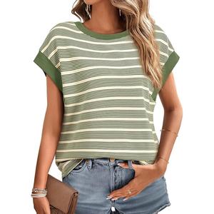 Women’s Striped Knit T Shirt Casual Loose Fit Round Neck Short Sleeve Spring Fashion <b>Top</b> Custom - Product Image 5