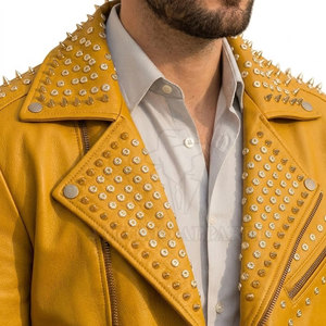 Customizable Men <b>Rhinestone</b> Winter Leather <b>Jacket</b> Motorcycle Biker Turn Down Collar Full Zip <b>Rhinestone</b> Design Party Wear Coat - Product Image 6