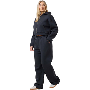 Conjunto Deportivo de Invierno para Mujer, 100% Algodón, con Capucha, Color Negro, Estampado Acid Wash, Cierre Completo con Cremallera, Corte Holgado, Estilo Casual - Product Image 1