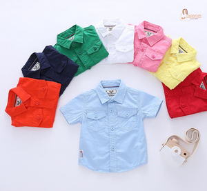 Boys Short Sleeve Cotton Oxford Shirt Solid Color Casual <b>Turn</b>-down Collar With Pockets Regular Fit - Product Image 1