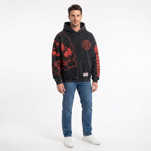 Sweat à capuche oversize noir personnalisé pour homme, 100 % coton French Terry, streetwear, avec imprimé crâne rouge et poche avant, effet délavé - Product Image 5