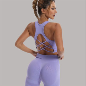 ชุดออกกำลังกาย 2 ชิ้นพร้อมโลโก้แบบกำหนดเองสำหรับผู้หญิง |   กางเกงโยคะลายสก็อตเนื้อผ้าระบายอากาศได้ดีและเสื้อครอปสำหรับวิ่งออกกำลังกายแบบไขว้หลัง - Product Image 2