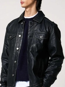 <b>Mens</b> Trucker Real <b>Leather</b> <b>Jacket</b> NZ - Product Image 2