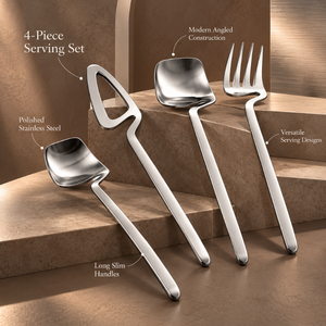 Ensemble d'ustensiles de service modernes en acier inoxydable, 4 pièces |   Cuillère de service, fourchette, spatule triangulaire, couverts polis pour la salle à manger - Product Image 4