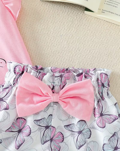 Customizable Brand Pink Girls 2Pcs Set Short Sleeve T Shirt Butterfly Print Elastic Waist Shorts Casual Summer Outfit - Product Image 3