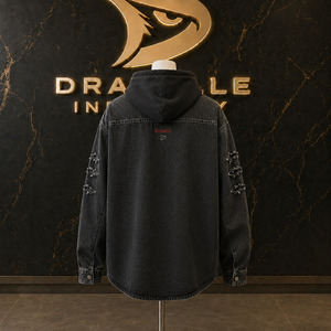 Faded Charcoal Grey Hooded Shacket Slouchy Hip Hop Urbanwear Distressed Jean <b>Shirt</b> With Embroidered Logo - Product Image 2