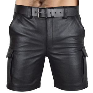 Shorts cargo en cuir noir pour homme avec poches, taille mi-haute, fermeture à ceinture, style décontracté - Product Image 1