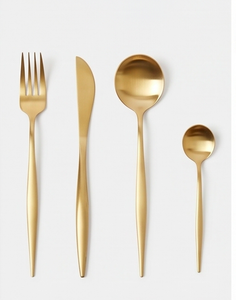 Ensemble de couverts en or mat, design minimaliste, passe au lave-vaisselle, couverts en métal, fourchette, couteau, cuillère, vaisselle de mariage - Product Image 1