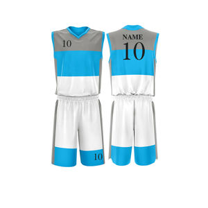 Ensemble d'uniformes de basket-ball personnalisés unisexes pour équipe, deux pièces, blanc et bleu, 100% polyester, logo personnalisé, séchage rapide, prix abordable - Product Image 1