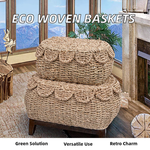 Paniers de rangement vintage en jonc de mer avec couvercles, boîtes organisatrices tressées naturelles à bords festonnés, écologiques - Product Image 5