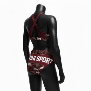 ชุดบิกินี่ผู้หญิงพรีเมียม โพลีเอสเตอร์คุณภาพสูง ผสมสแปนเด็กซ์ ลายกราฟิกสีแดงเบอร์กันดี พร้อมโลโก้สั่งทำพิเศษ - Product Image 5