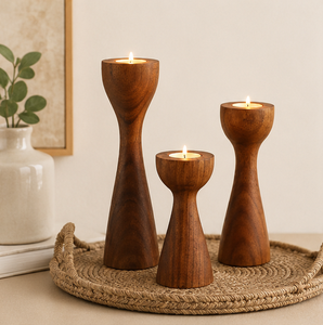 Handcrafted Mid-Century Modern Wooden Candle Holder Set Of 3 Premium Solid Teak Wood Pillar Stands For Elegant Table Centerpiece - Product Image 4