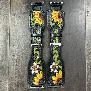 สายนาฬิกาหนังแท้สีดำพรีเมียม งานแฮนด์เมด ตกแต่งลายดอกทานตะวัน สไตล์เรโทร สำหรับผู้หญิง ทนทาน สวยงาม เหมาะเป็นของขวัญ - Product Image 5