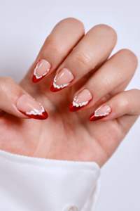 Uñas Postizas de Lujo con Estampado Metálico Rojo Dorado ABS, Forma Almendrada, para Salón, Marca Privada Helios, Hechas en Vietnam, EE. UU. - Product Image 4