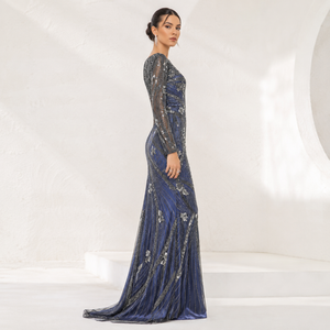Luxury Navy Blue Beaded Evening Gown Women| Long Sleeve Floral Sequin Embroidered Formal Party Dress Elegant Prom Wear Maxi Gown - Product Image 2
