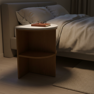 Table d'appoint et de chevet moderne pour chambre et salon, avec étagère et 2 tiroirs, en bois d'hévéa écoresponsable du Vietnam et placage MDF, garantie 1 an - Product Image 3