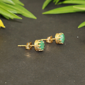Luxury Fashion Fancy Shape 7 MM Dyed Emerald Gemstone 24k Gold Plated Crown <b>Stud</b> <b>Earring</b> For Women Girls Wholesale Bulk Jewelry - Product Image 2