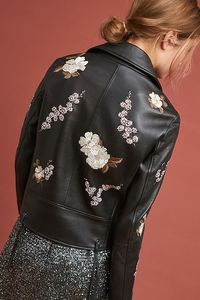 Vestes d'hiver respirantes en cuir d'agneau véritable imperméable de style motard avec broderie florale et patchwork, grandes tailles pour femmes - Product Image 2