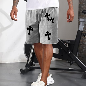 Shorts de sport décontractés pour hommes avec logo personnalisé sur le devant, 100% coton molletonné épais, délavage acide, taille à cordon de serrage, taille mi-haute, design effet soleil éclairé - Product Image 3