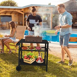 Carrello BBQ Nero Mobile con Due Ruote e Ganci, Carrello per Griglia da Esterno - Tavolo di Preparazione Cibo a Tre Ripiani - Product Image 4