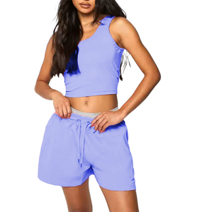 Women's Pink Strapless Sleeveless Crop Top Shorts 2-Piece <b>Set</b> Solid Polyester/Cotton <b>Knitted</b> Fabric Breathable Casual Summer - Product Image 4