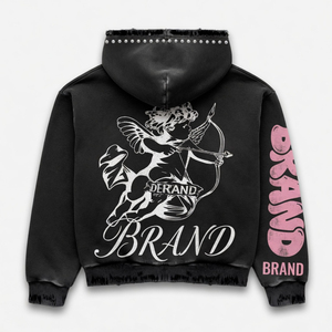 Custom Brand <b>Black</b> Zip-Up <b>Hoodie</b> With Angel Print And Studded Pockets Streetwear Style Unisex Regular Fit Autumn Wear - Product Image 2