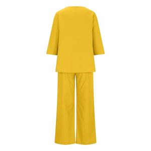 Women's Coral V-neck Two Piece Set <b>Three</b> <b>Quarter</b> Sleeve Loose Fit Casual Solid Color Breathable Woven <b>Pants</b> With Buttons - Product Image 6