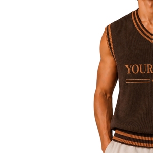 Gilet pull sans manches en tricot pour homme, marron foncé avec rayures contrastées camel, col en V, personnalisable avec logo, en laine et acrylique, OEM - Product Image 3