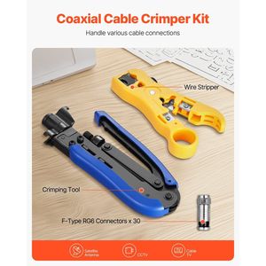 Kit de Herramientas para Crimpar Cables Coaxiales con 30 Conectores Tipo F RG6, Pelacables y Herramienta de Compresión para Cableado Coaxial - Product Image 2
