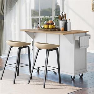 5 Wheels Kitchen Island with Rubber Wood Drop Leaf Countertop Cabinet Door Internal Storage Racks Kitchen Cart - Product Image 3
