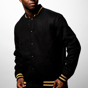 Premium Black Varsity Jacket Men Gold Striped Ribbing Letterman Jacket Minimalist Blank Baseball Bomber Jacket Plus Size Wear - Product Image 1