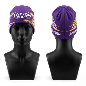 Gorro de Voleibol de Punto Acrílico Premium de 300 GSM, Diseño Jacquard Morado y Amarillo, Cuatro Paneles, Logotipo Personalizado, Ajuste Elástico y Cálido - Product Image 1