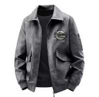 Veste en cuir véritable pour homme, coupe slim, imperméable, style motard, col montant, fermeture éclair, design avec patch brodé, couleur unie