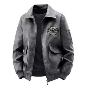 Veste en cuir véritable pour homme, coupe slim, imperméable, style motard, col montant, fermeture éclair, design avec patch brodé, couleur unie - Product Image 1