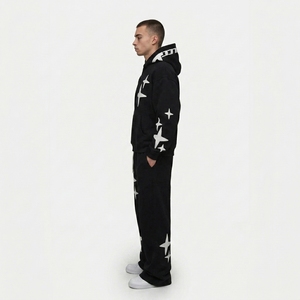Survêtement noir premium à capuche, coupe ample, couleur unie, en coton, pour l'automne, avec poches latérales et logo sur la manche droite - Product Image 4