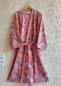 Vestido Kimono Informal de Algodón Hecho a Mano en India, Cuello en V, Manga Larga, Estampado Floral, para Vacaciones en la Playa, Verano, Otoño y Primavera - Product Image 5