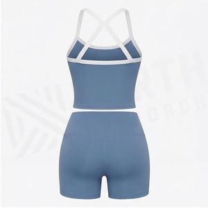Ensemble de yoga 2 pièces North Approach : Crop top à bretelles croisées et short taille haute, bleu uni, respirant, sans coutures, vêtements de sport - Product Image 2