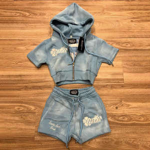 Conjuntos Deportivos Personalizados con Efecto Desgastado, Sudadera con Cierre y Pantalones Cortos, Traje Deportivo Vintage para Mujer - Product Image 1