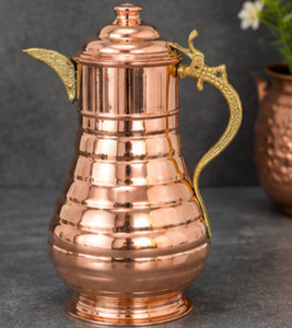 Pichet à eau en cuivre avec couvercle en dôme, design côtelé vintage, grande capacité, poignée, pour la salle à manger, récipient bien-être ayurvédique, carafe de luxe - Product Image 6