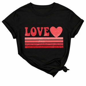 Camiseta negra personalizada de verano con estampado de corazón para mujer, cuello redondo, manga corta, servicio OEM, ropa informal. - Product Image 1
