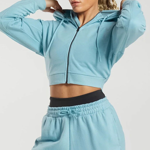 Women's Light Blue <b>Cropped</b> Hoodie Full Sleeve <b>Zip</b>-<b>Up</b> Solid Color Knitted Fleece Sweatshirt Autumn Wear - Product Image 3