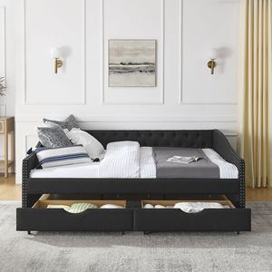 Divano letto imbottito trapuntato Queen Size con cassetti, 84.5x63.5, braccioli con borchie color rame e schienale a bottoni - Product Image 5