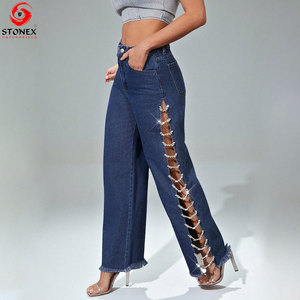 Vaqueros de mezclilla para mujer al por mayor, de moda, con abertura lateral, pedrería, tiro medio, pierna ancha, holgados, estilo urbano, ecológicos, personalizados, informales - Product Image 5